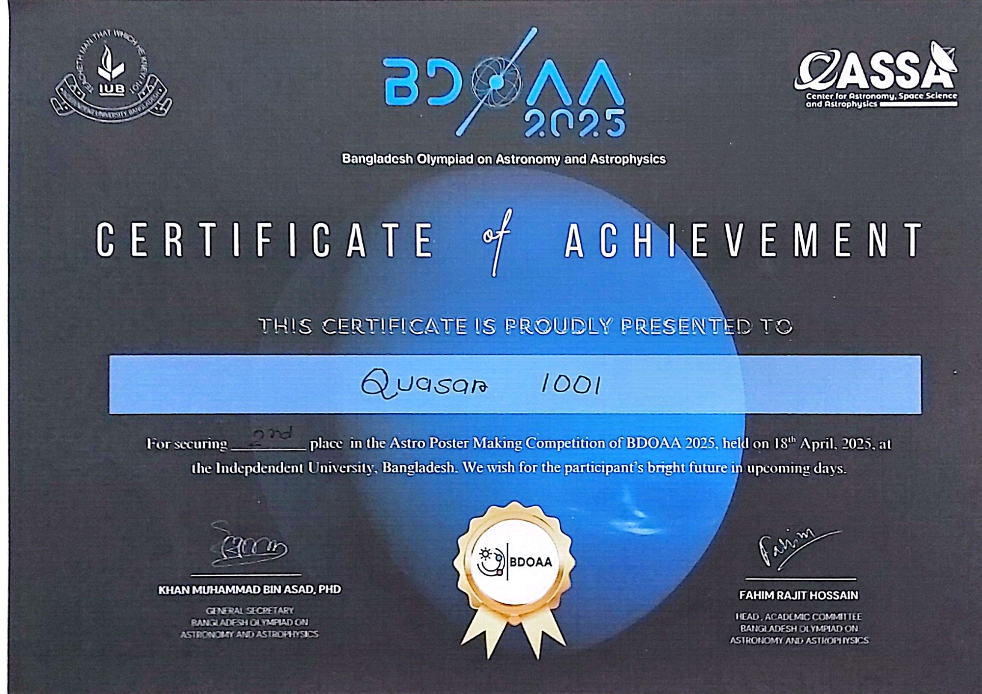OCertificates of Md. Ashikur Rahman (Ayon) from Bangladesh Olympiad on Astronomy and Astrophysics (BDOAA)